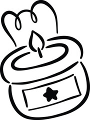 Simple, hand drawn illustration of candle in jar, featuring flame and star design on front. whimsical style evokes cozy and warm atmosphere, perfect for relaxation