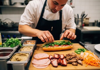 A chef meticulously prepares a sandwich in a professional kitchen, assembling fresh ingredients on a cutting board