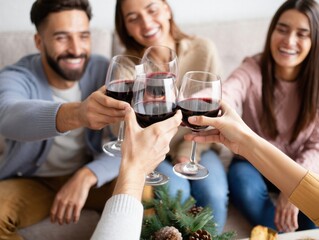 Friends clinking wine glasses in a cozy living room gathering