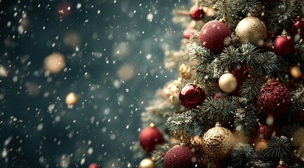 close-up of a christmas tree with red and golden ornaments, with a blurred background of snowflakes falling on the dark pine branches. a concept for a new year's eve celebration.