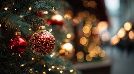 close-up of a christmas tree with red and golden ornaments, with a blurred background of snowflakes falling on the dark pine branches. a concept for a new year's eve celebration.