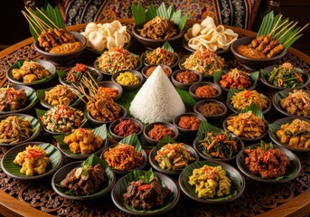 A large spread of indonesian food, including satay, rice, and various side dishes, served on a traditional woven platter
