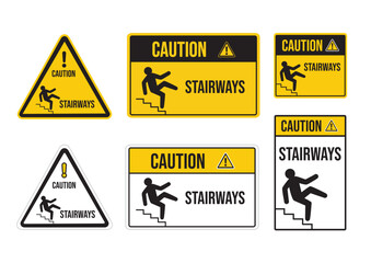 Set of various warning signs indicating caution and danger on stairways to prevent falls. Safety concept.