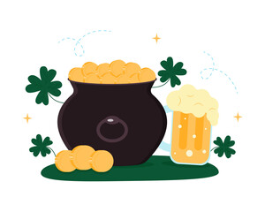 Pot with gold coins, a mug of beer, and clover leaves isolated on a white background. St. Patrick's Day. Vector illustration