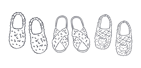 Slippers. Footwear in the form of slippers, soft fluffy winter home shoes, pair of bedroom shoes. Vector illustration of home shoes in doodle style