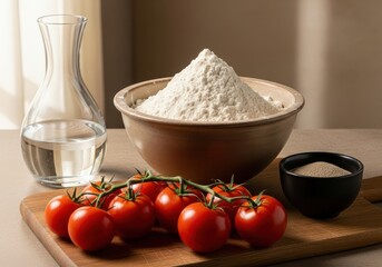 A still life composition of baking ingredients a pile of flour in a bowl, fresh tomatoes on a vine, a carafe of water, and a small bowl of seeds