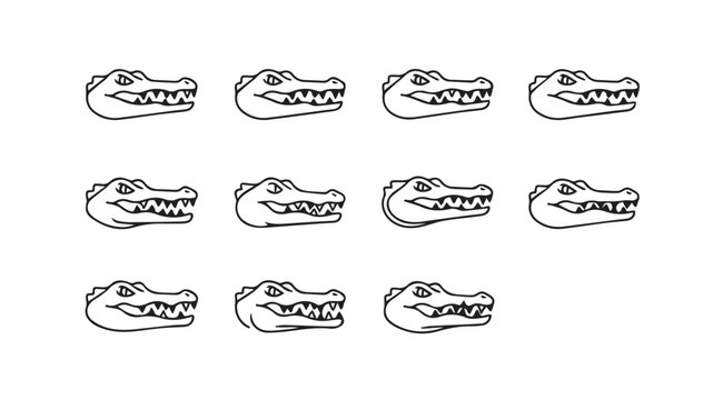 Hand drawn crocodile head variations expressing different emotions and positions in a collection vector