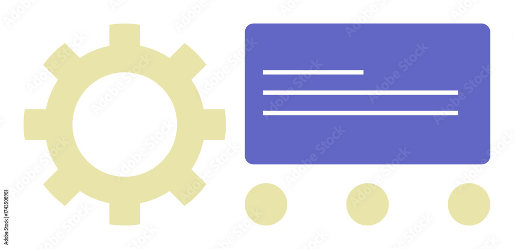 Wall mural gear symbol beside interface panel with text lines and dots emphasizing technology, automation, and 