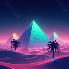 Neon Desert Pyramids Under a Starry Night Sky