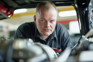 Obraz premium Male mechanic or truck driver focused on maintaining or repairing a large vehicle engine inside an industrial garage