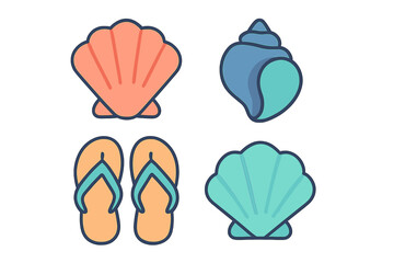 Colorful summer beach elements including seashells, conch, and flip-flops