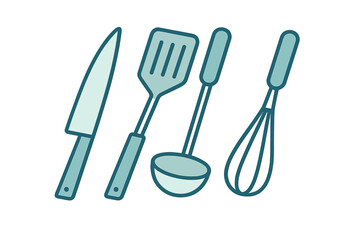 Essential cooking utensils set including a chef knife, slotted spatula, soup ladle, and wire whisk