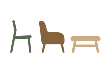 Simple modern furniture collection featuring a chair, comfortable armchair, and small wooden bench