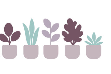 A row of five stylized indoor houseplants in minimal pastel pots