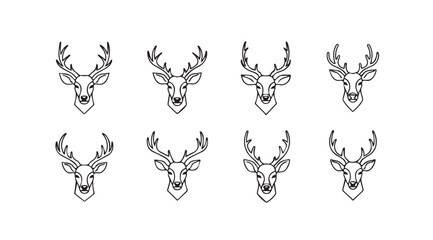 Collection of majestic stag deer heads with intricate antlers presented as stylized line art vector © Tanvir