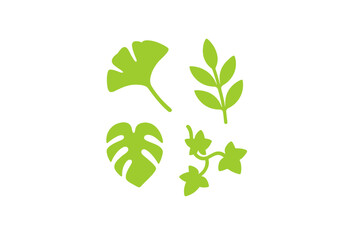 Collection of four stylized green leaf silhouettes featuring ginkgo and monstera