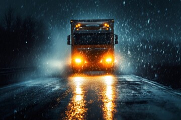 Truck driving through heavy rain on a dark, wet highway reflecting bright head and marker lights. Challenging weather conditions for transportation
