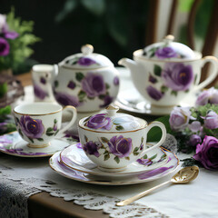 Fototapeta premium Purple rose porcelain tea set on table 