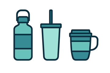Reusable drink containers including a water bottle, tumbler with straw, and travel coffee mug