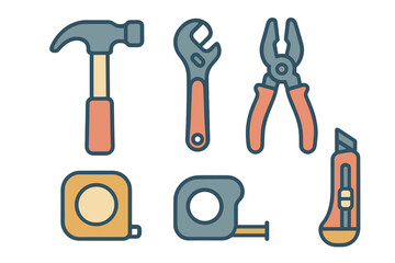 Essential construction and repair hand tools collection featuring hammer, wrench, and tape measure