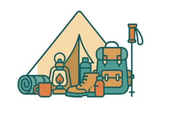 Naklejka premium Essential outdoor adventure gear collection including tent backpack boots and lantern