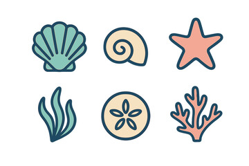 Colorful collection of six marine life icons: scallop shell, spiral shell, starfish, sand dollar, seaweed, and coral