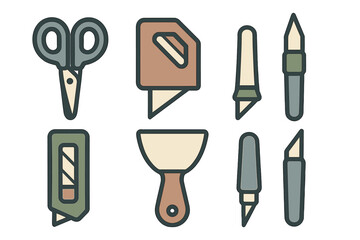 Utility and craft cutting tools collection featuring scissors knives and scraper