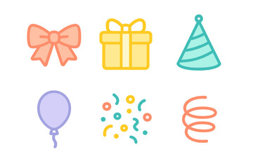 Vibrant set of celebration and birthday party icons including gift box, bow, balloon, and confetti