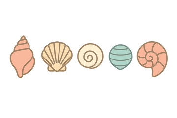 Colorful collection of five different seashells and spiral snail shells in a row