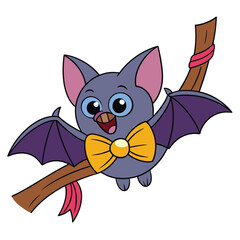 Vector art of cute cartoon bat with a bow tie on a branch