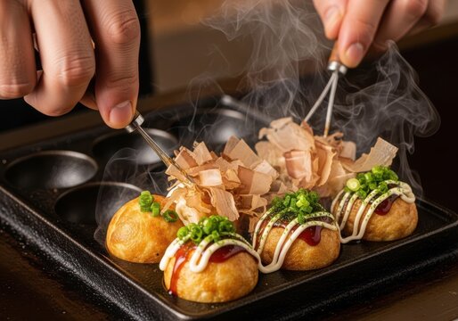 Chef expertly flips takoyaki balls on a hot plate, steam rising, garnished with bonito flakes, mayonnaise, and green onions, a popular japanese street food