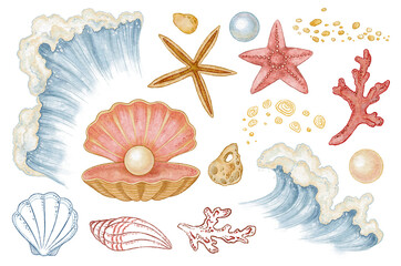 Wave with seashell and starfish set in watercolor and hand drawn colored pencil sketch style. Red coral with sandy stone detail in outline. Great for marine summer print or card and coastal project.