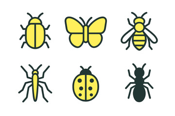 Set of colorful outlined insect icons featuring butterfly, bee, ladybug, ant, and beetle