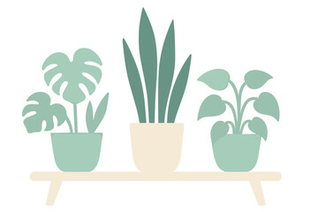 Stylized arrangement of three potted indoor plants on a shelf in soft pastel colors