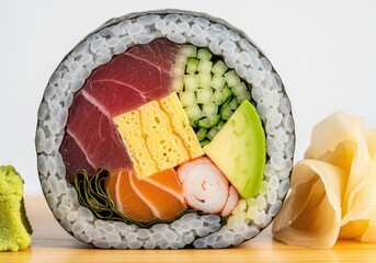 Closeup of a delicious sushi roll with tuna, avocado, cucumber, and egg, isolated on white background