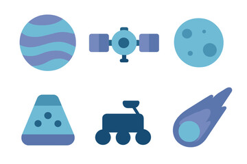 Astronomy and space exploration symbols featuring planets, satellite, rover, and comet in blue tones © Andrei