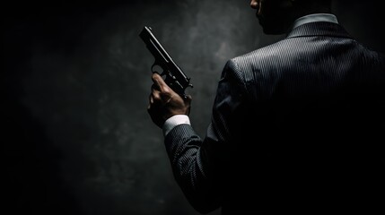 A sharply dressed individual, viewed from behind, is captured in a dimly lit environment, holding a firearm with a stern and serious demeanor, suggesting a narrative of suspense.