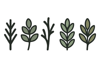 Collection of five stylized minimalist botanical sprigs and branches in muted green colors