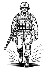 Male Soldier Walking with Rifle – Strength, Discipline, and Heroism Concept – Black and White Line Art Illustration in Modern Vector Style