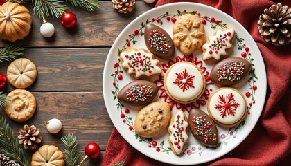 decorated Christmas cookies on plate with pinecones and ornaments  