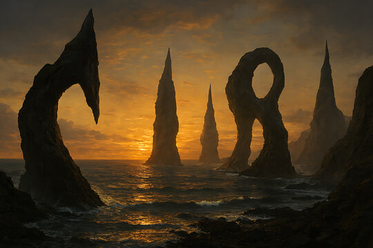 Beautiful ocean sunset landscape with rock formations travel destination scenic view photography art print