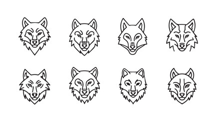 Set of eight stylized wolf head icons with a hand-drawn sketchy artistic outline style vector