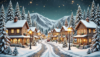 Snowy winter village with cozy cabins and shining street lamps  