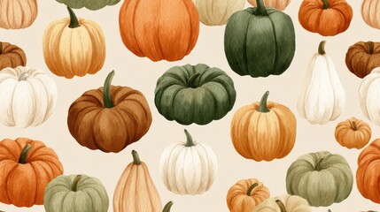Hand-drawn illustration of a collection of pumpkins are arranged in a random pattern on a light beige background. Watercolor style. Generative AI
