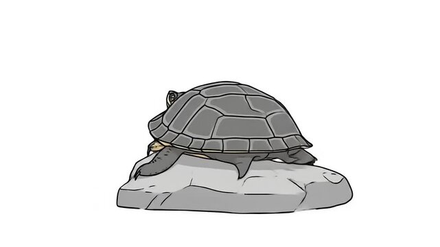 A turtle rests on a rock in a simple illustration.