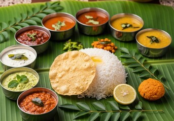 A vibrant south indian vegetarian thali served on a banana leaf, showcasing a variety of curries, rice, papadum, and accompaniments