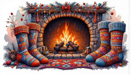 Cozy fireplace with knitted socks and festive decorations  