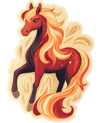 Fiery red horse sticker symbolizing the New Year, with flowing mane and tail like gentle flames, in playful whimsical style, warm festive tones of red, gold, and beige, soft pastel shading, clean.