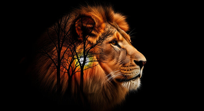 A majestic male lion with a full mane, seen in a powerful profile portrait against a black background.