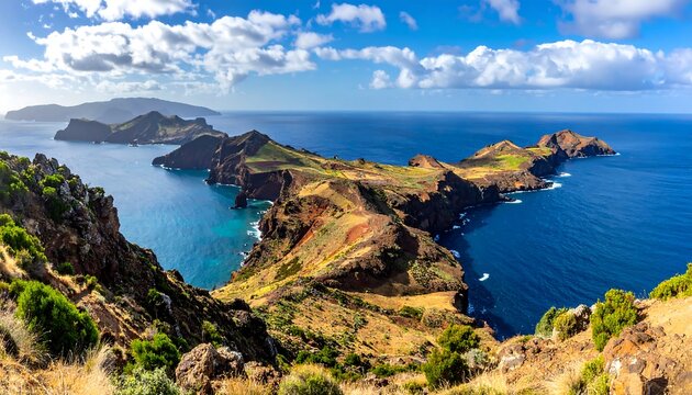 Panoramic view of rugged volcanic landscape and ocean - Powered by Adobe